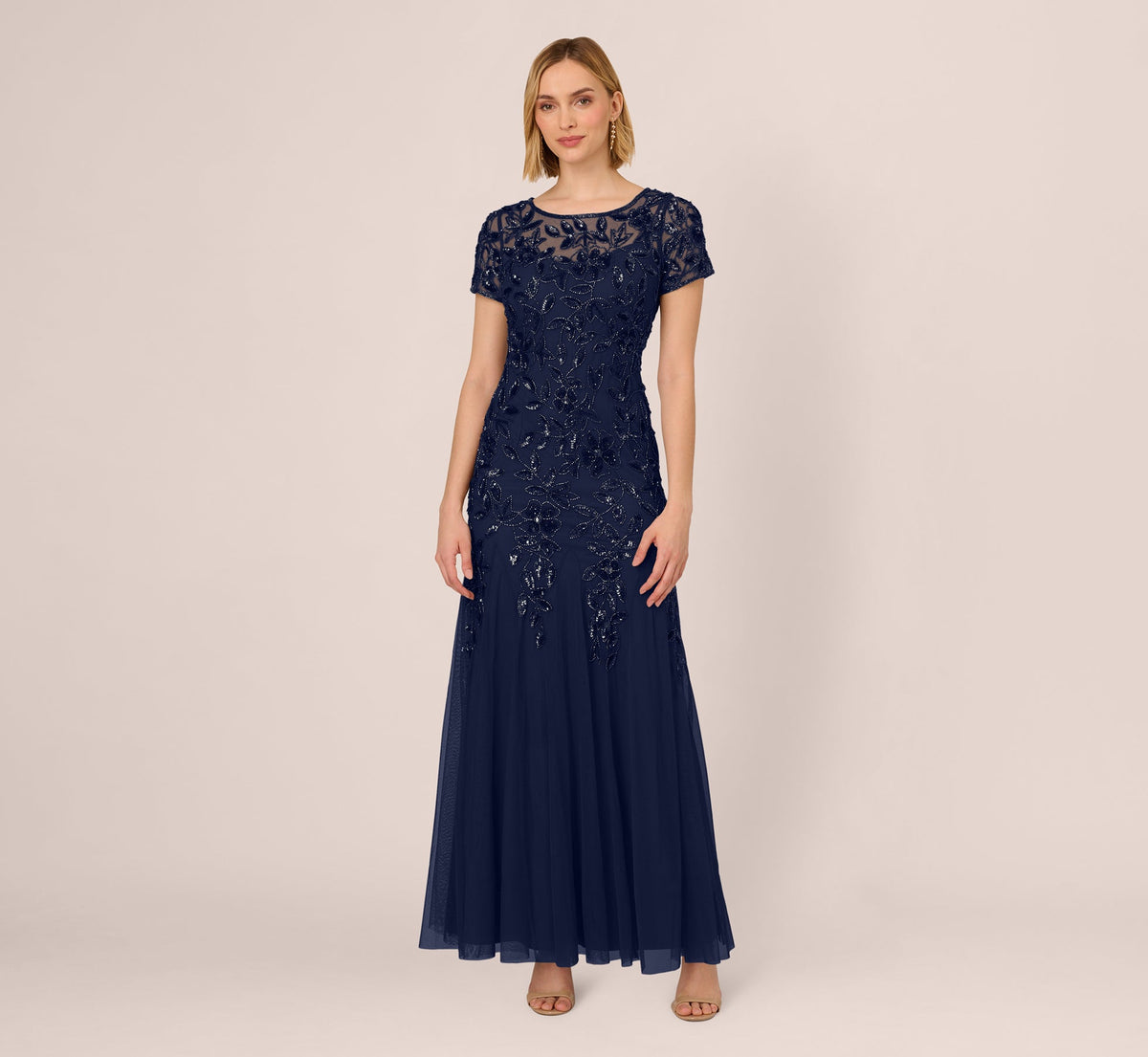 Hand Beaded Short Sleeve Floral Godet Gown - Light Navy | Adrianna Papell