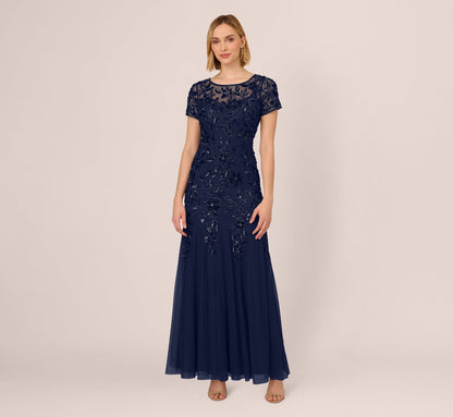Hand Beaded Short Sleeve Floral Godet Gown - Light Navy | Adrianna Papell