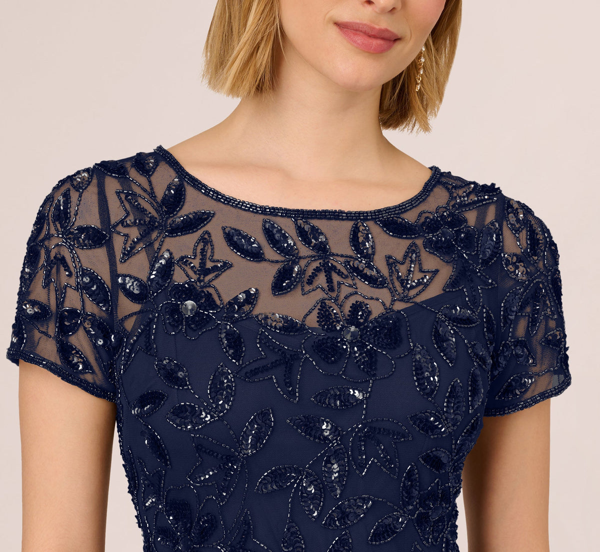 Hand Beaded Short Sleeve Floral Godet Gown - Light Navy | Adrianna Papell