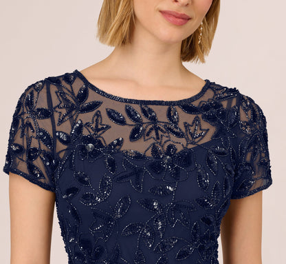 Hand Beaded Short Sleeve Floral Godet Gown - Light Navy | Adrianna Papell