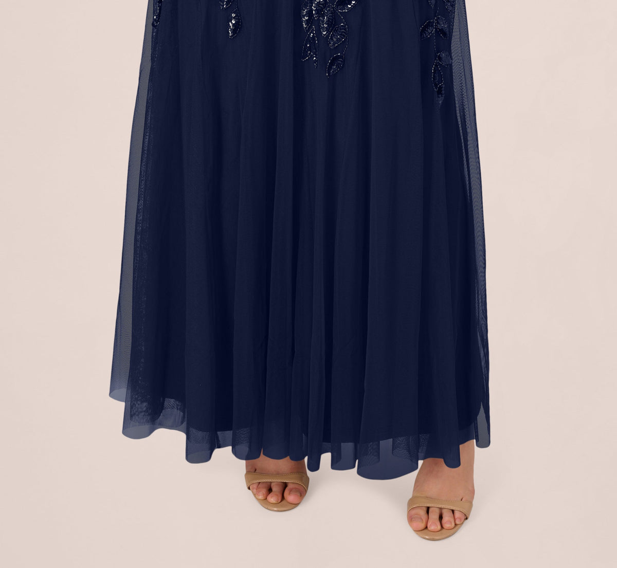 Hand Beaded Short Sleeve Floral Godet Gown - Light Navy | Adrianna Papell