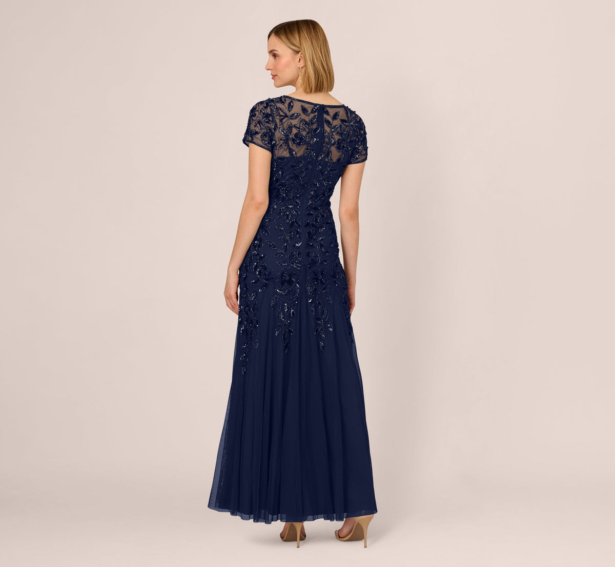 Hand Beaded Short Sleeve Floral Godet Gown - Light Navy | Adrianna Papell