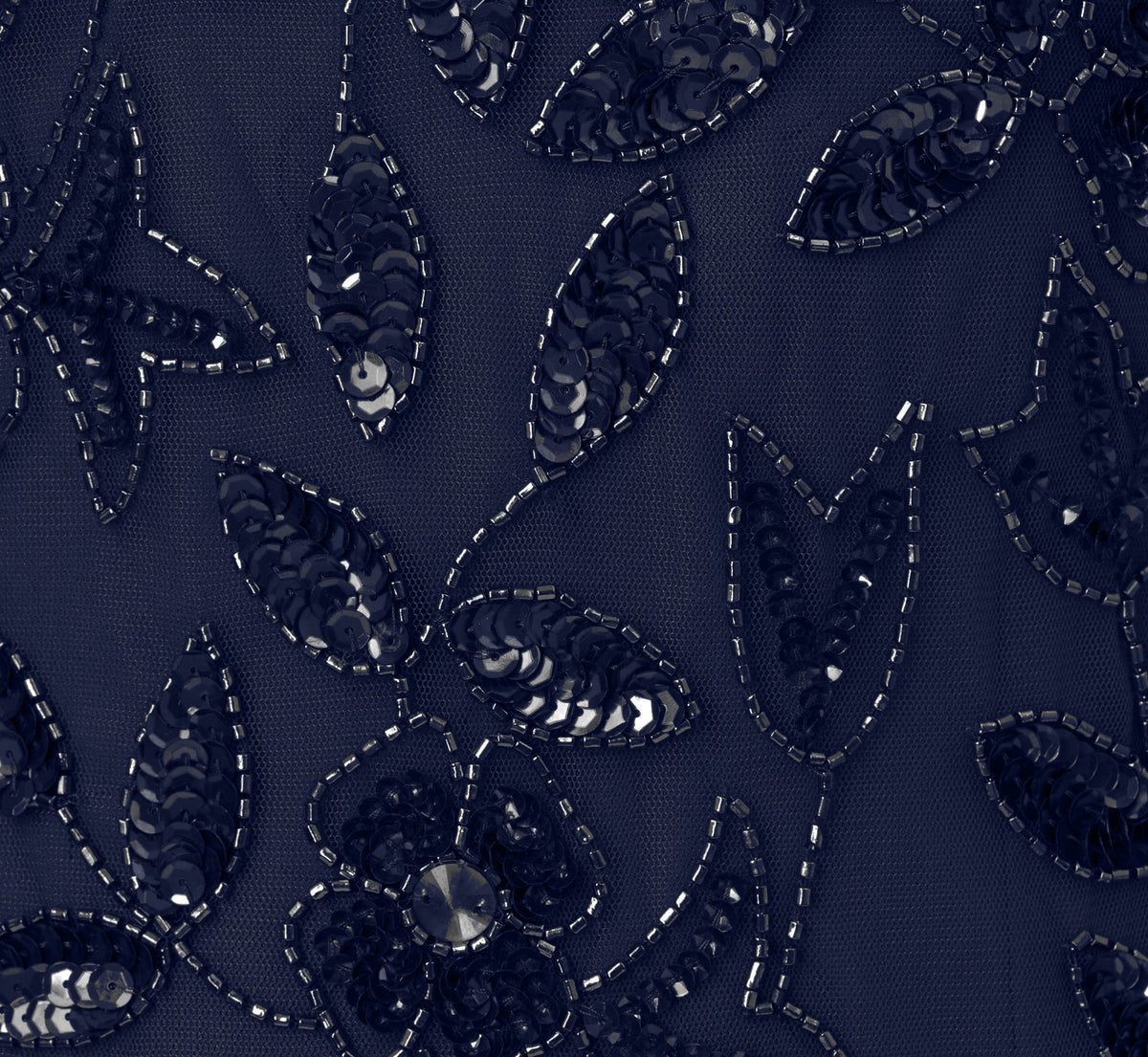 Hand Beaded Short Sleeve Floral Godet Gown - Light Navy | Adrianna Papell