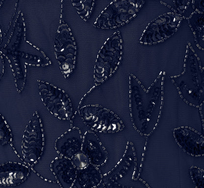 Hand Beaded Short Sleeve Floral Godet Gown - Light Navy | Adrianna Papell