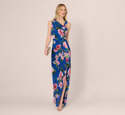 Asymmetrical Draped Floral Chiffon Gown - Dark Blue Multi | Adrianna Papell