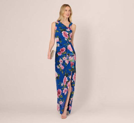 Asymmetrical Draped Floral Chiffon Gown - Dark Blue Multi | Adrianna Papell