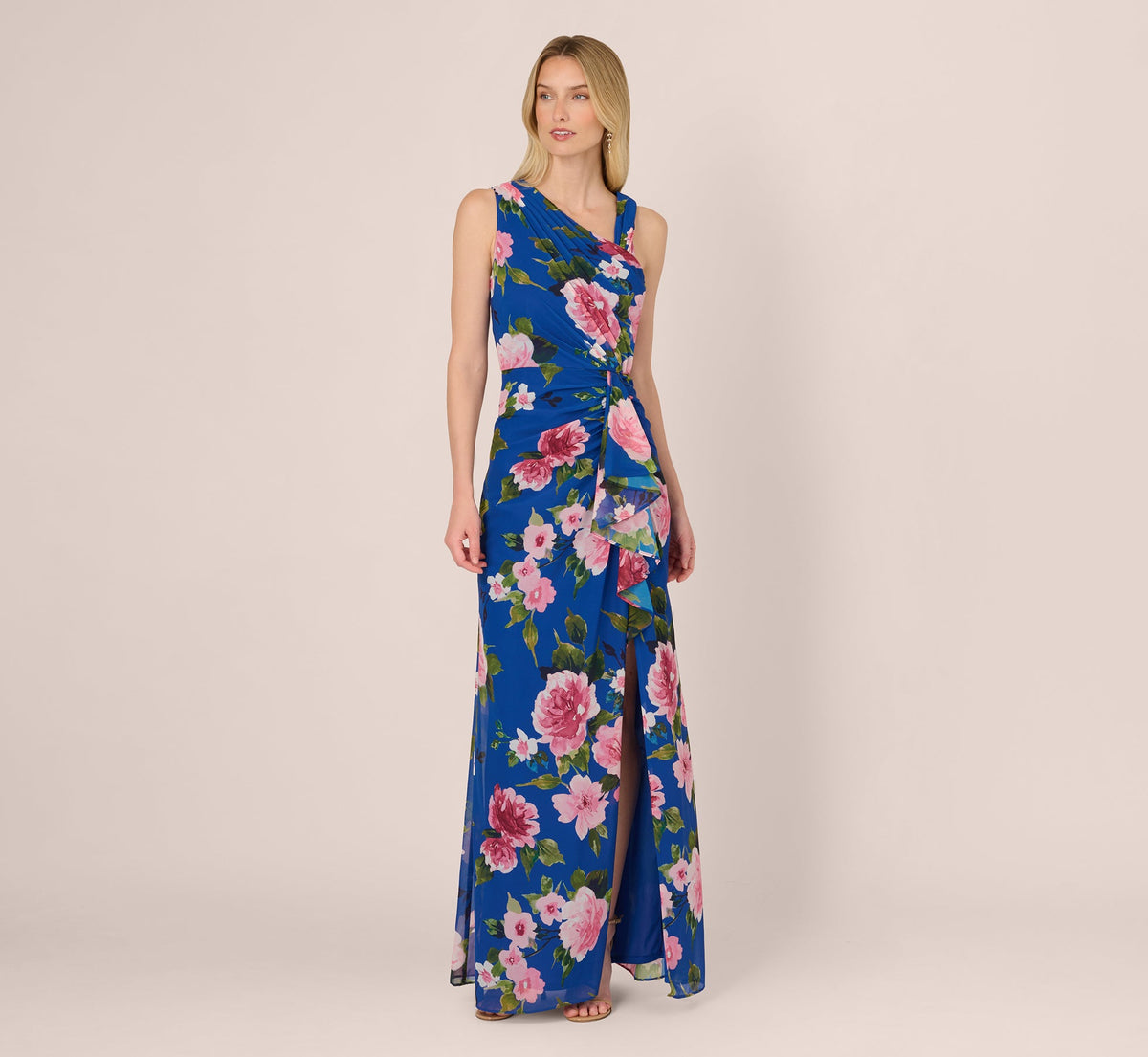 Asymmetrical Draped Floral Chiffon Gown - Dark Blue Multi | Adrianna Papell