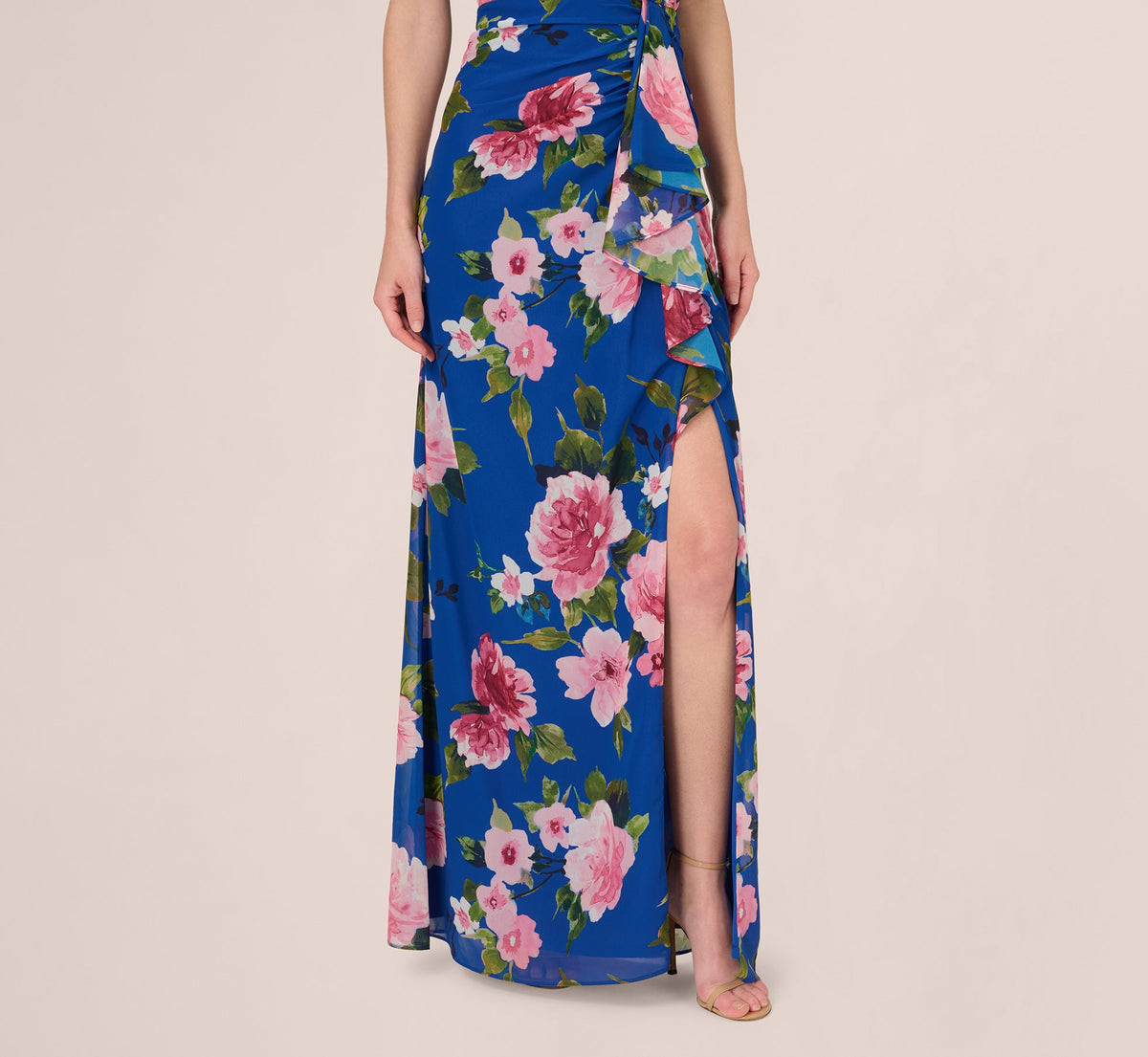 Asymmetrical Draped Floral Chiffon Gown - Dark Blue Multi | Adrianna Papell