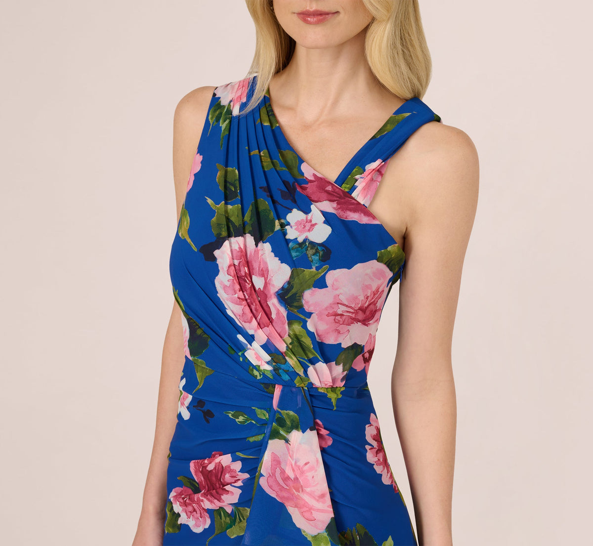 Asymmetrical Draped Floral Chiffon Gown - Dark Blue Multi | Adrianna Papell