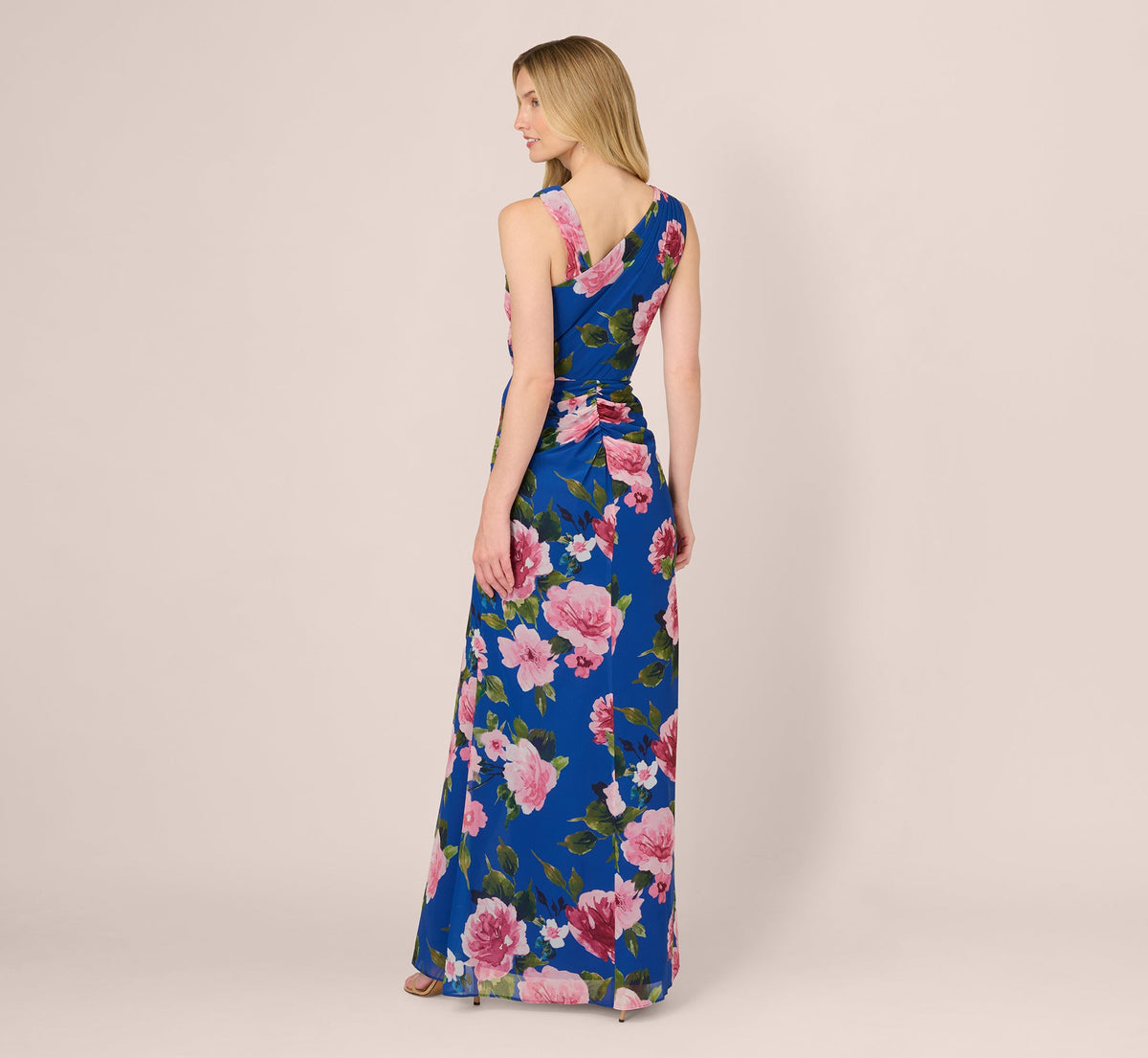 Asymmetrical Draped Floral Chiffon Gown - Dark Blue Multi | Adrianna Papell