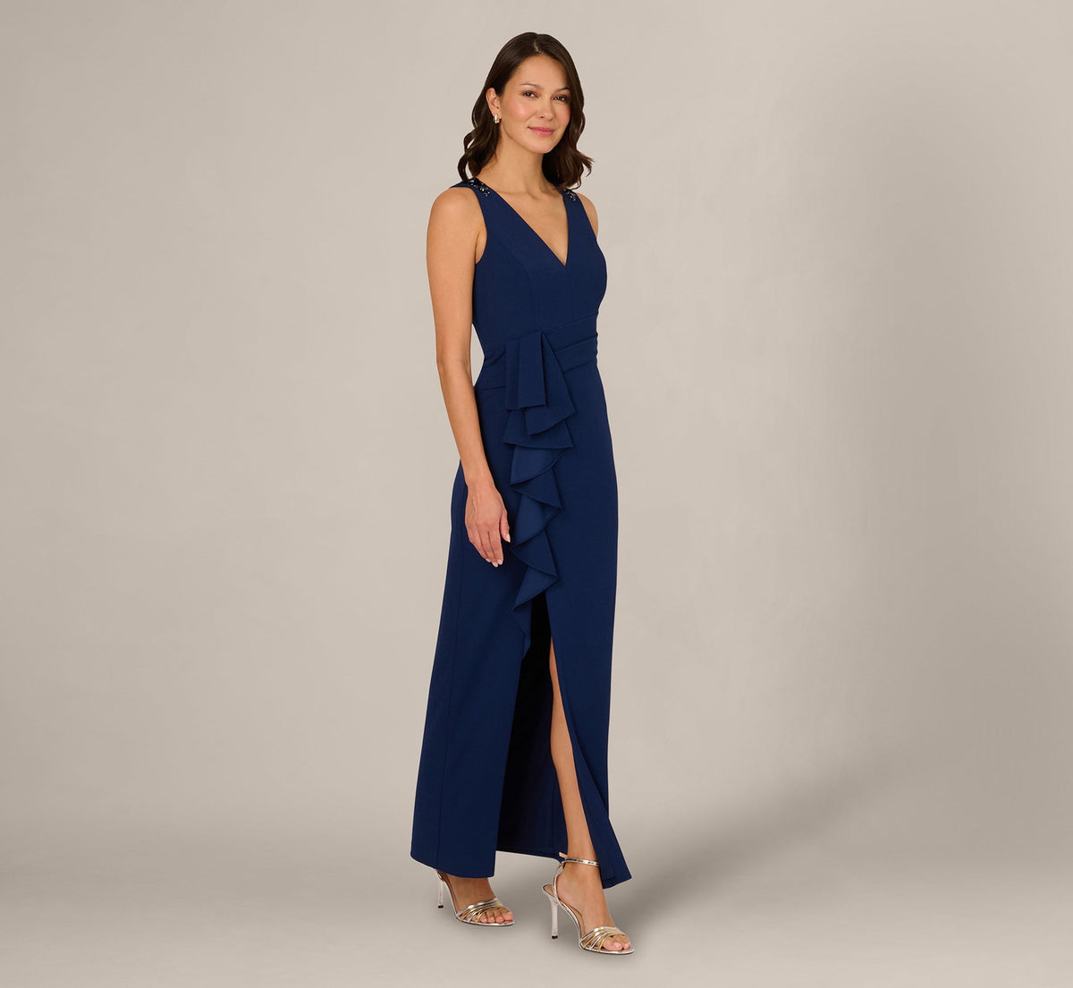 V Neck Beaded Ruffle Column Gown - Navy Sateen | Adrianna Papell
