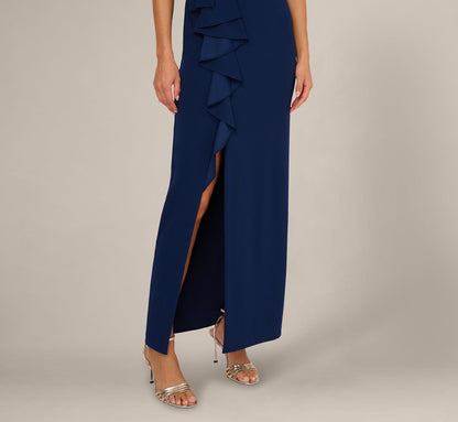V Neck Beaded Ruffle Column Gown - Navy Sateen | Adrianna Papell