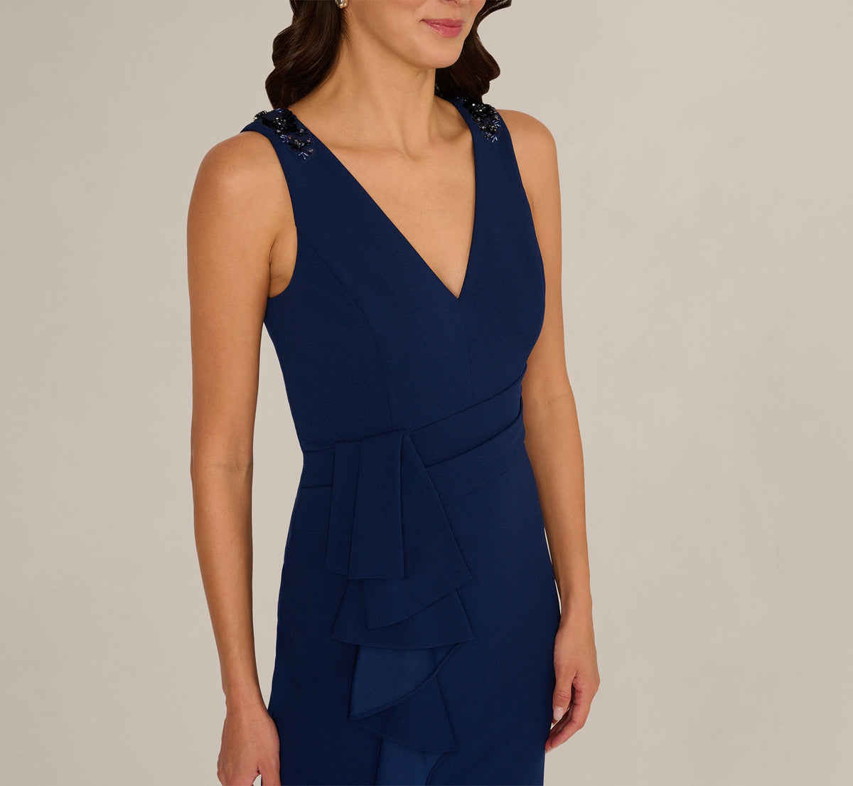 V Neck Beaded Ruffle Column Gown - Navy Sateen | Adrianna Papell