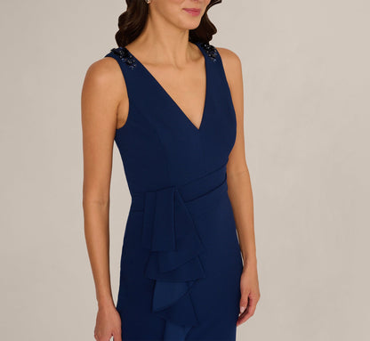 V Neck Beaded Ruffle Column Gown - Navy Sateen | Adrianna Papell
