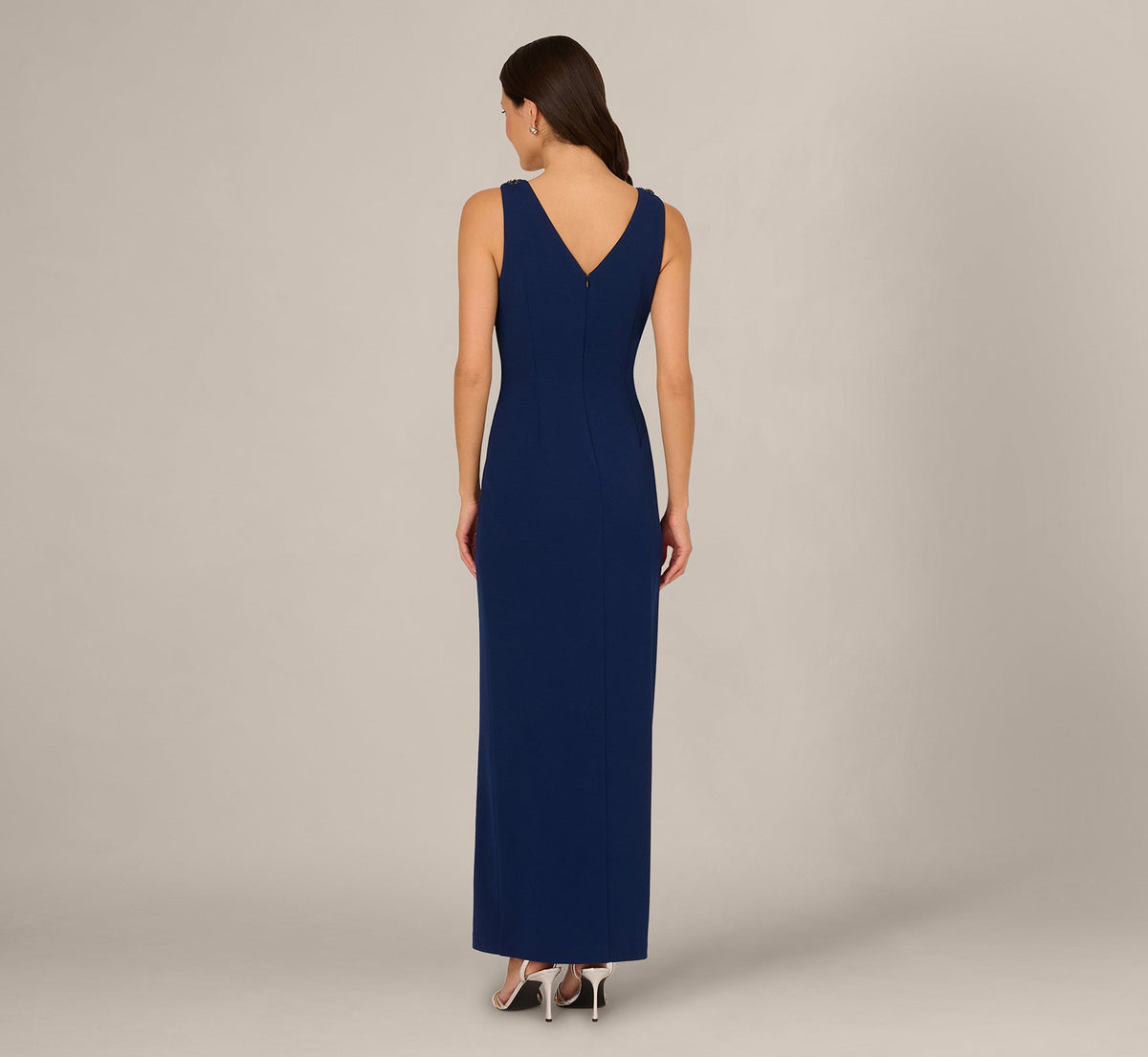 V Neck Beaded Ruffle Column Gown - Navy Sateen | Adrianna Papell
