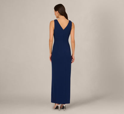 V Neck Beaded Ruffle Column Gown - Navy Sateen | Adrianna Papell