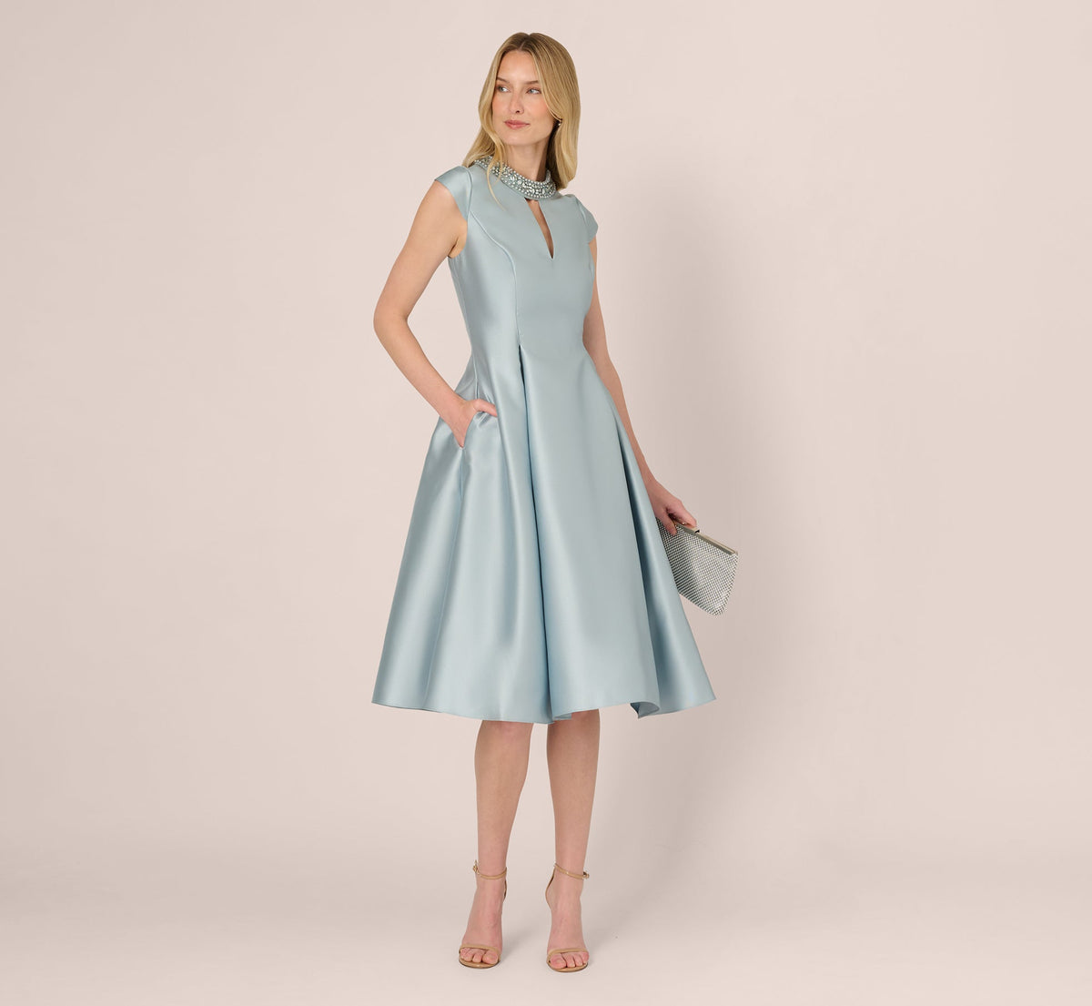 Key Hole Mikado Cap Sleeve Midi Dress - Aqua Dust | Adrianna Papell