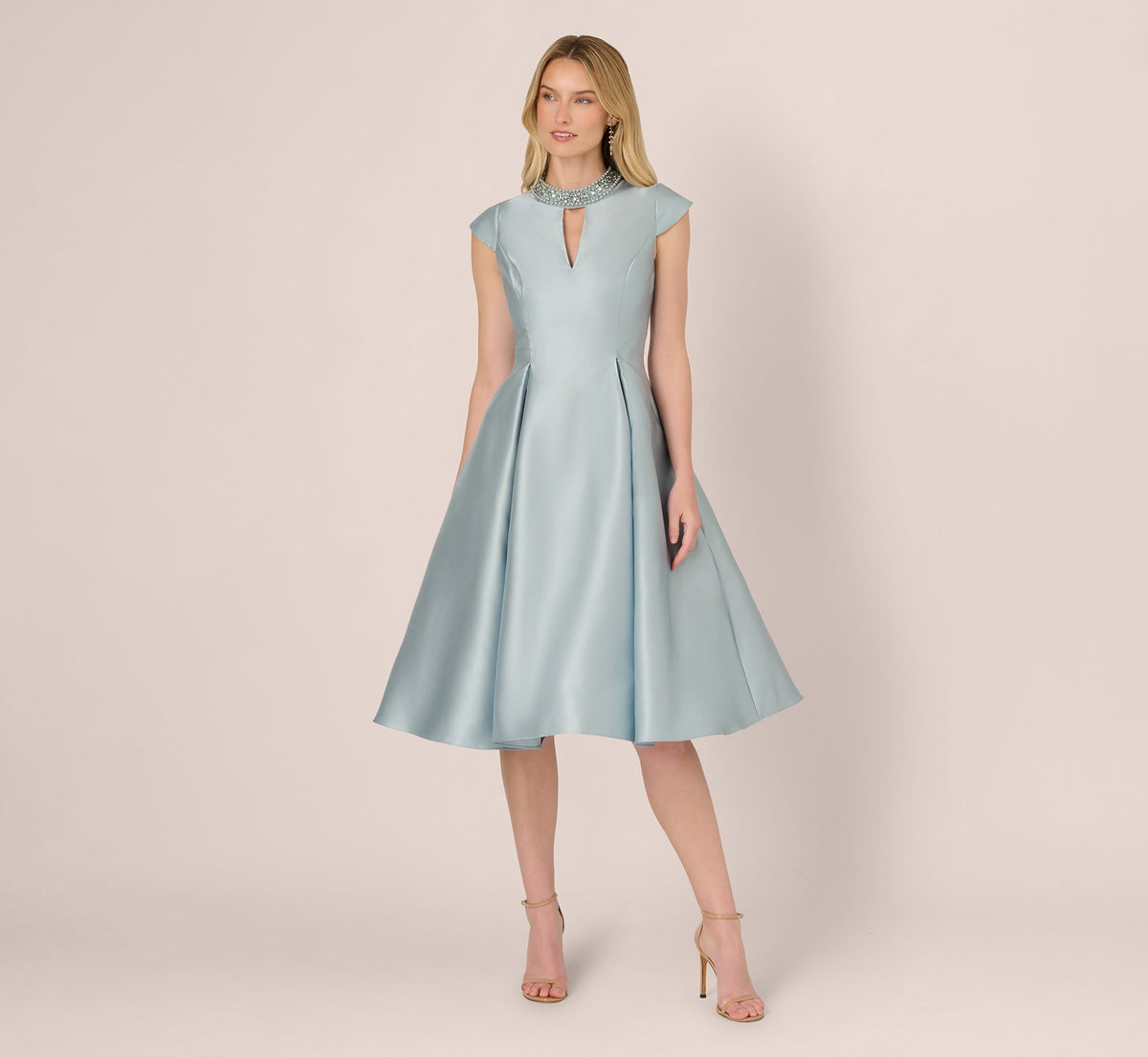 Key Hole Mikado Cap Sleeve Midi Dress - Aqua Dust | Adrianna Papell