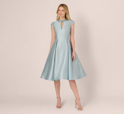 Key Hole Mikado Cap Sleeve Midi Dress - Aqua Dust | Adrianna Papell