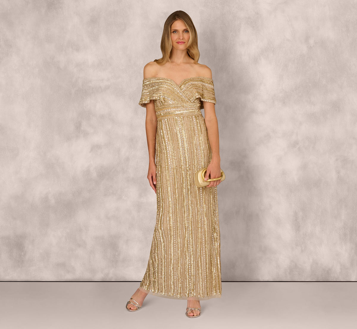Off Shoulder Sequin Bead Column Gown - Gold | Adrianna Papell