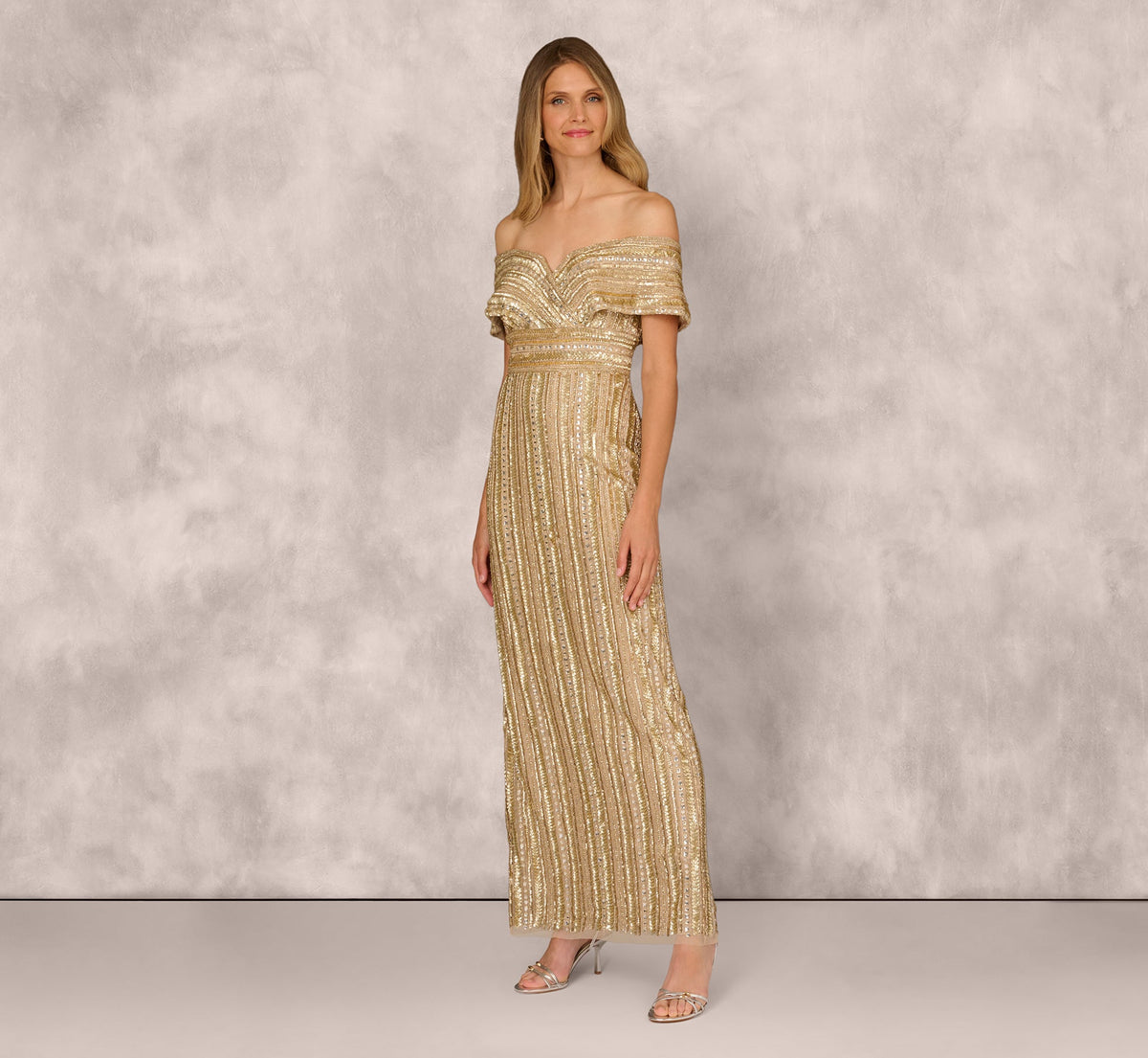 Off Shoulder Sequin Bead Column Gown - Gold | Adrianna Papell