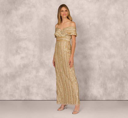 Off Shoulder Sequin Bead Column Gown - Gold | Adrianna Papell