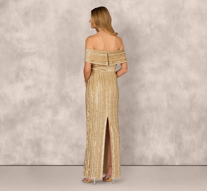 Off Shoulder Sequin Bead Column Gown - Gold | Adrianna Papell