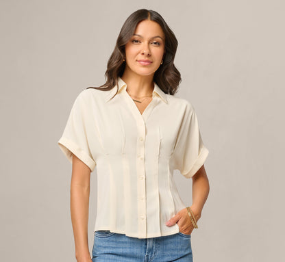 Short Sleeve Semisheer Pleated Blouse - Pastry Cream | Adrianna Papell