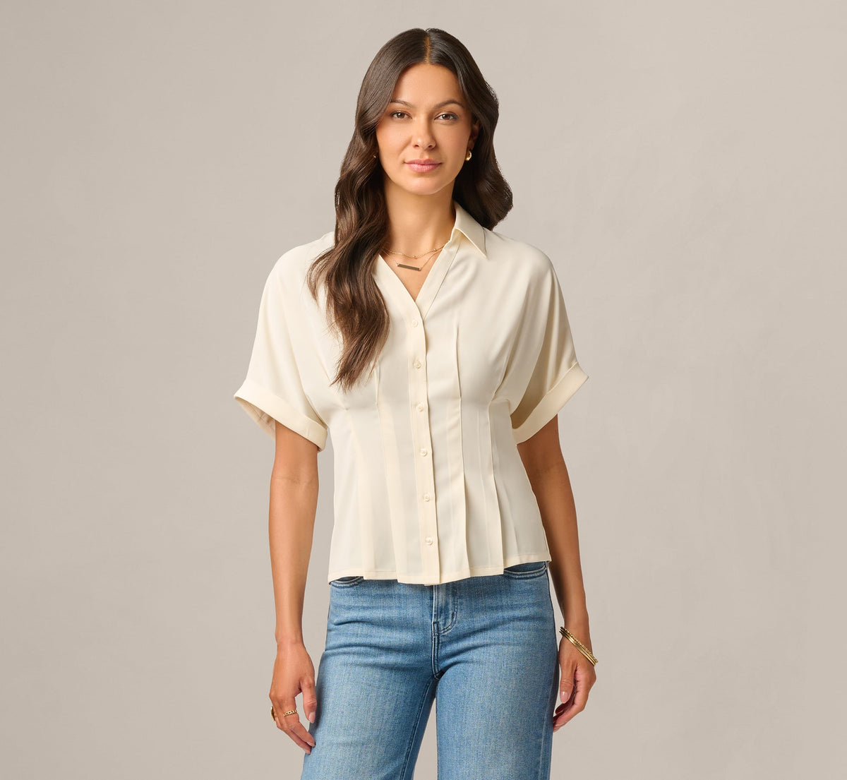 Short Sleeve Semisheer Pleated Blouse - Pastry Cream | Adrianna Papell
