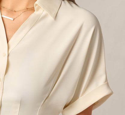 Short Sleeve Semisheer Pleated Blouse - Pastry Cream | Adrianna Papell