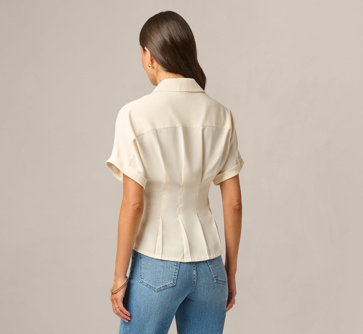 Short Sleeve Semisheer Pleated Blouse - Pastry Cream | Adrianna Papell