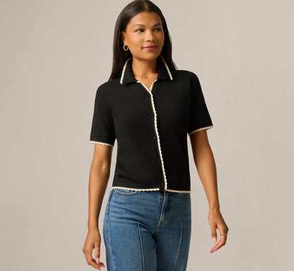 Short Sleeve Scalloped Trim Polo Cardigan Sweater - Black Cream | Adrianna Papell