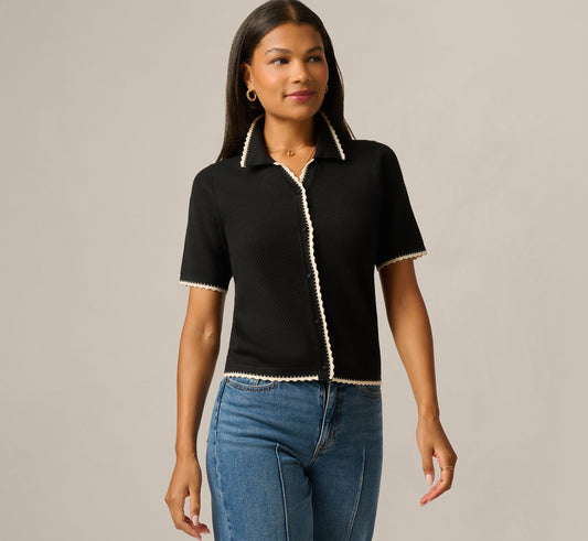 Short Sleeve Scalloped Trim Polo Cardigan Sweater - Black Cream | Adrianna Papell
