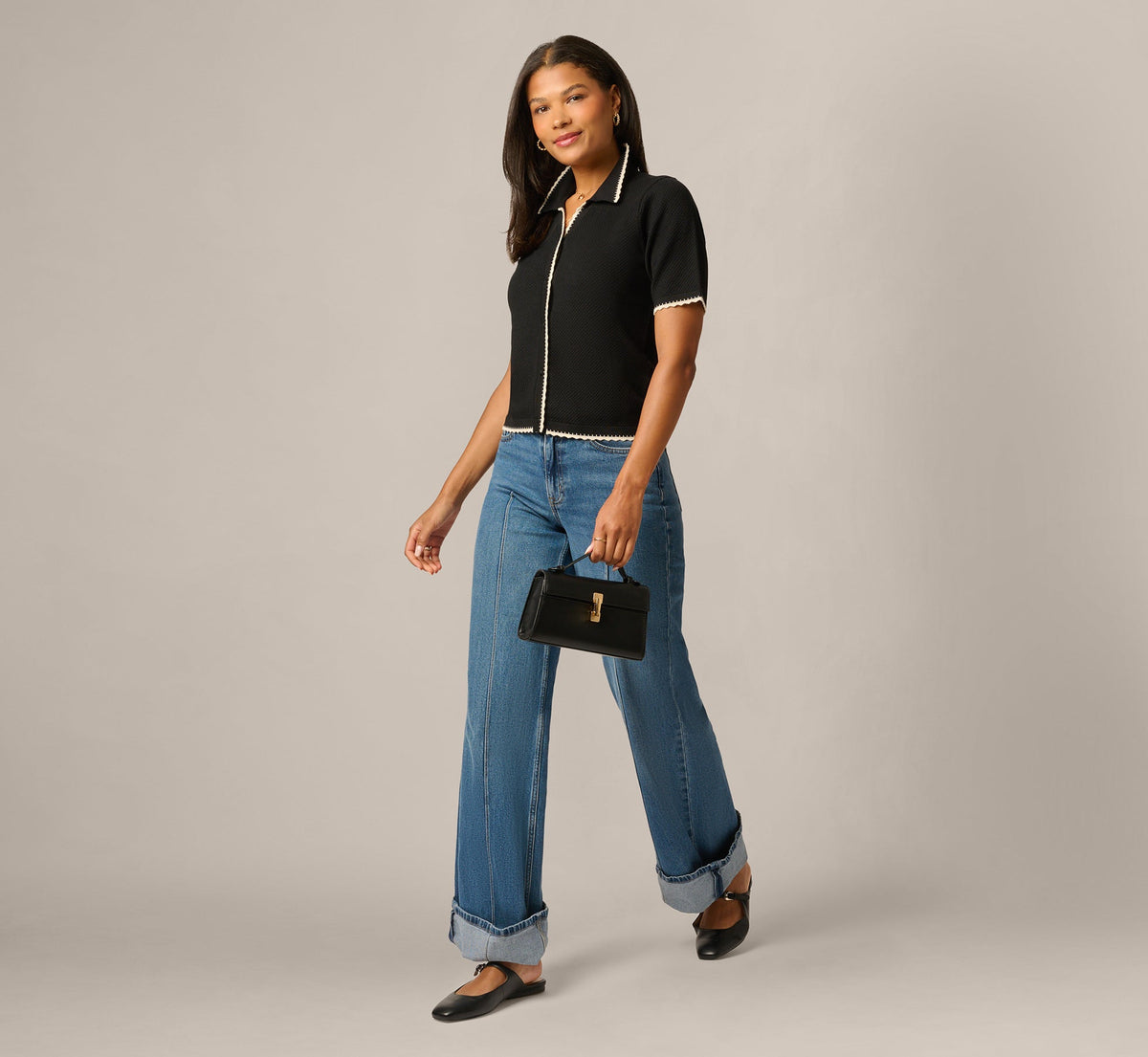 Short Sleeve Scalloped Trim Polo Cardigan Sweater - Black Cream | Adrianna Papell
