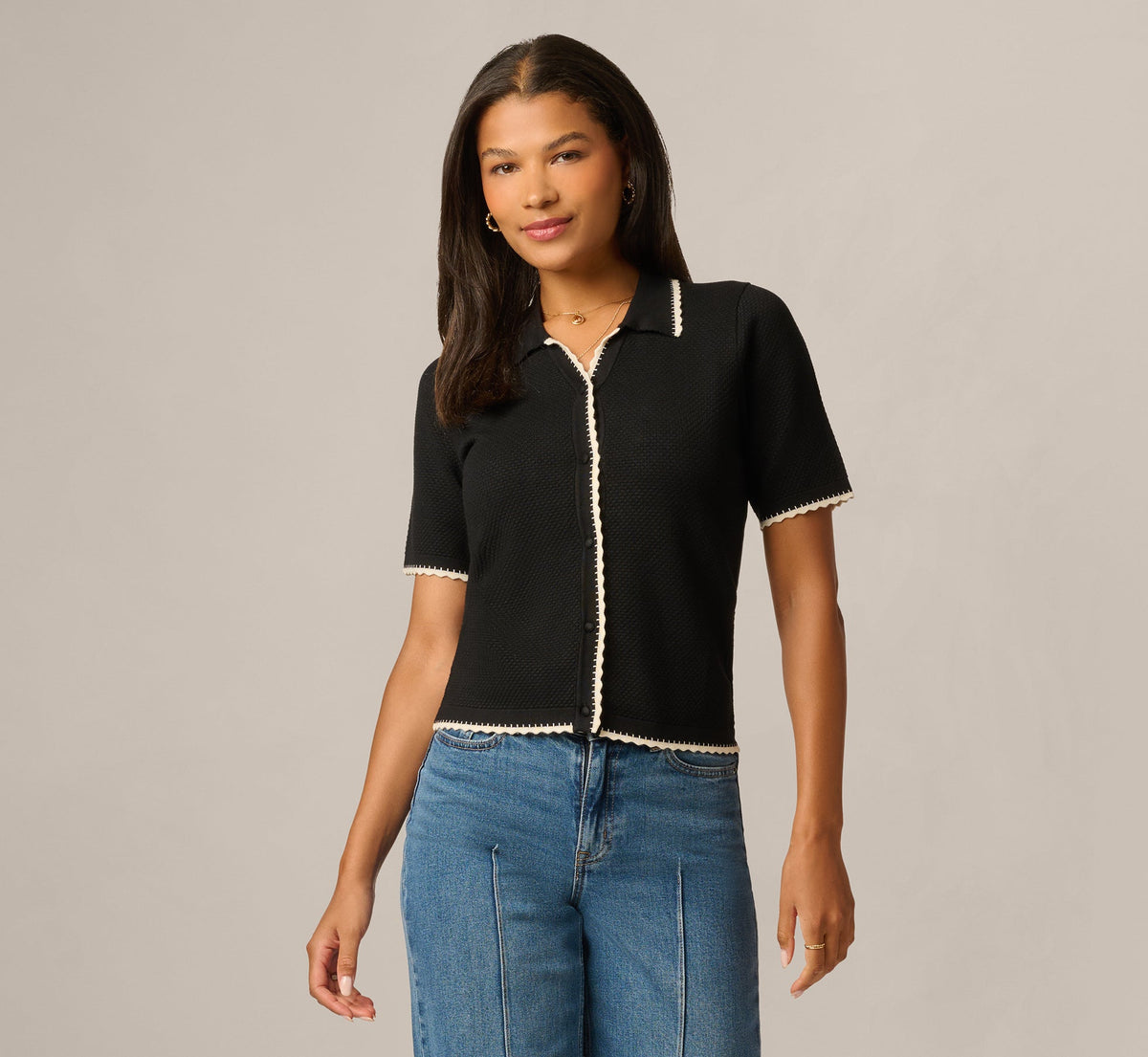 Short Sleeve Scalloped Trim Polo Cardigan Sweater - Black Cream | Adrianna Papell
