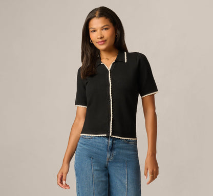Short Sleeve Scalloped Trim Polo Cardigan Sweater - Black Cream | Adrianna Papell
