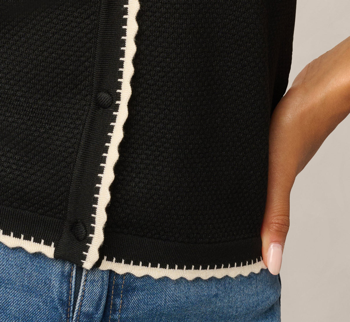 Short Sleeve Scalloped Trim Polo Cardigan Sweater - Black Cream | Adrianna Papell