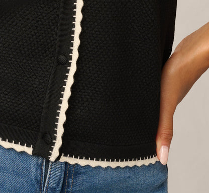 Short Sleeve Scalloped Trim Polo Cardigan Sweater - Black Cream | Adrianna Papell