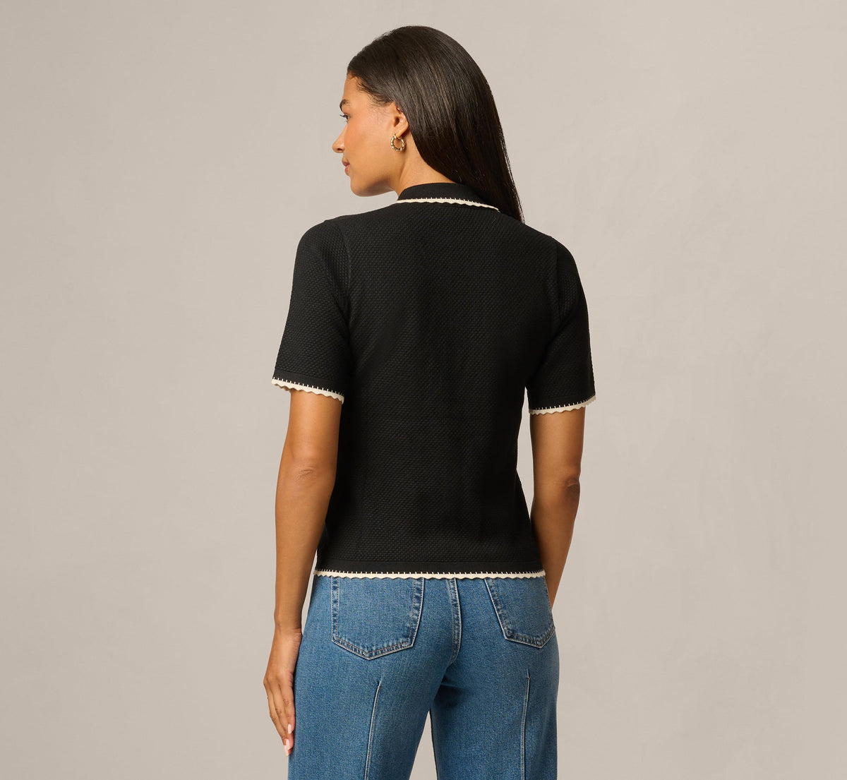 Short Sleeve Scalloped Trim Polo Cardigan Sweater - Black Cream | Adrianna Papell