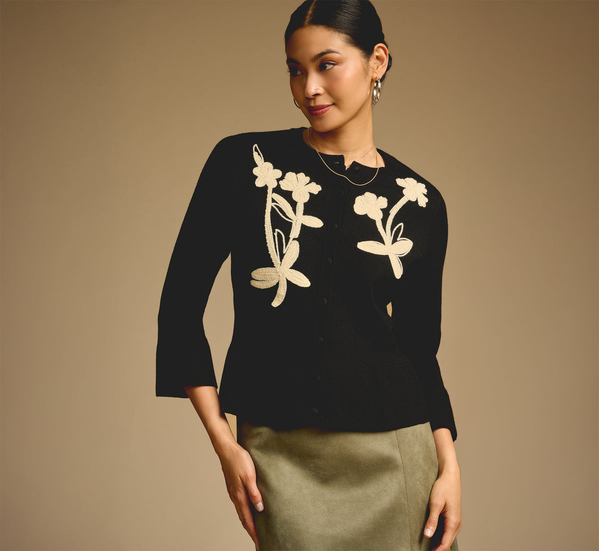 Bell Sleeve Floral Embroidered Peplum Cardigan Sweater - Black Cream | Adrianna Papell