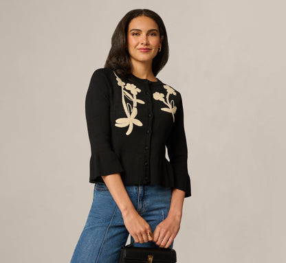 Bell Sleeve Floral Embroidered Peplum Cardigan Sweater - Black Cream | Adrianna Papell