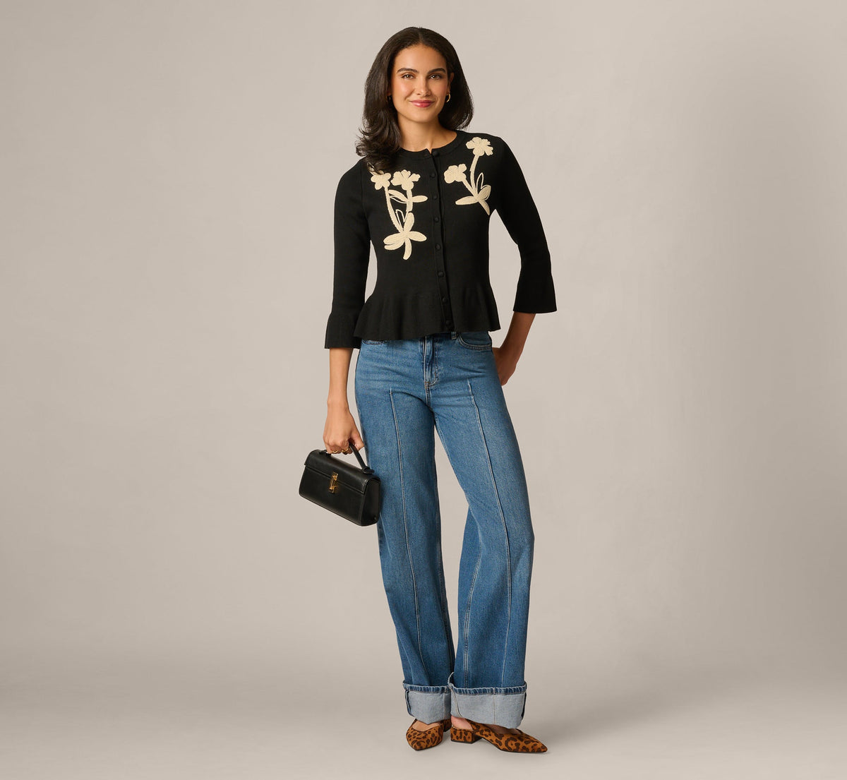 Bell Sleeve Floral Embroidered Peplum Cardigan Sweater - Black Cream | Adrianna Papell