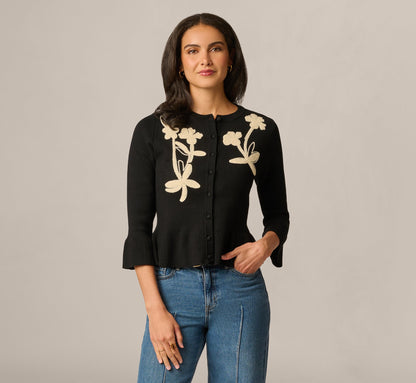 Bell Sleeve Floral Embroidered Peplum Cardigan Sweater - Black Cream | Adrianna Papell
