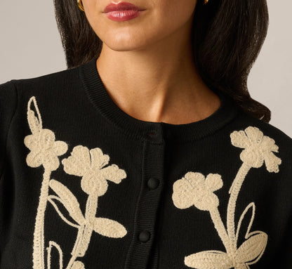 Bell Sleeve Floral Embroidered Peplum Cardigan Sweater - Black Cream | Adrianna Papell
