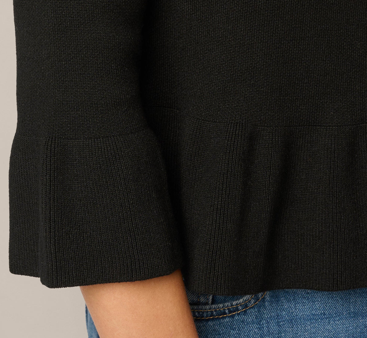 Bell Sleeve Floral Embroidered Peplum Cardigan Sweater - Black Cream | Adrianna Papell