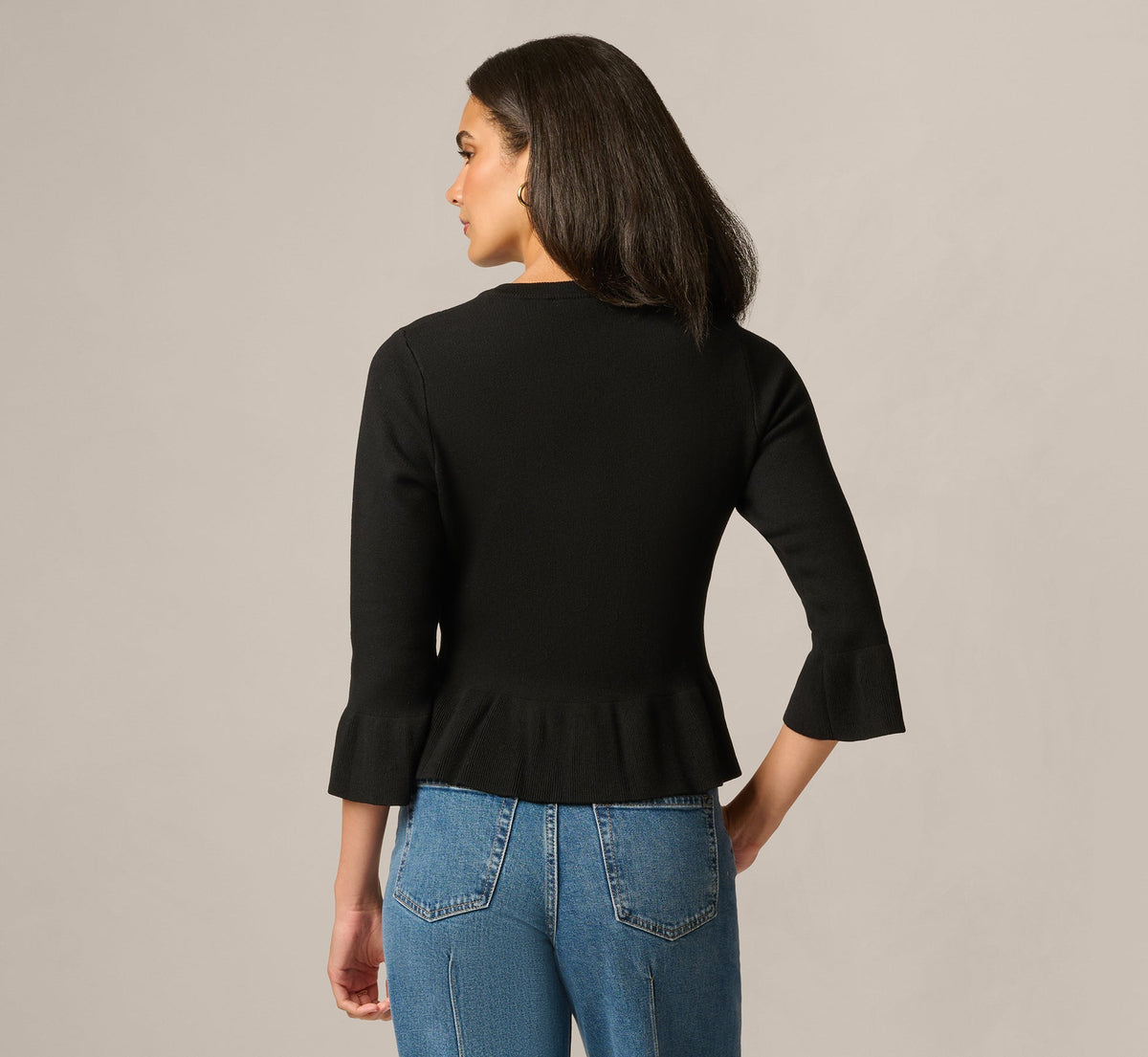 Bell Sleeve Floral Embroidered Peplum Cardigan Sweater - Black Cream | Adrianna Papell