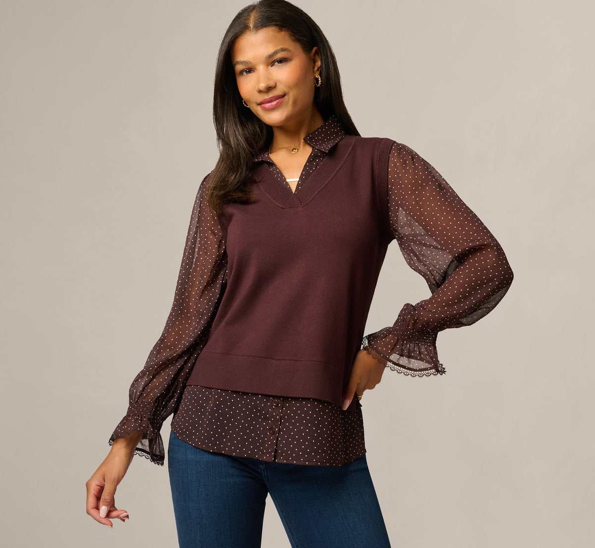 Long Sleeve Ruffle Cuff Sweater Vest Twofer Top - Chocolate W  Chocolate Iv Dot | Adrianna Papell