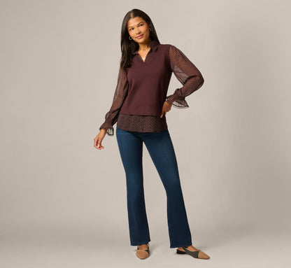 Long Sleeve Ruffle Cuff Sweater Vest Twofer Top - Chocolate W  Chocolate Iv Dot | Adrianna Papell