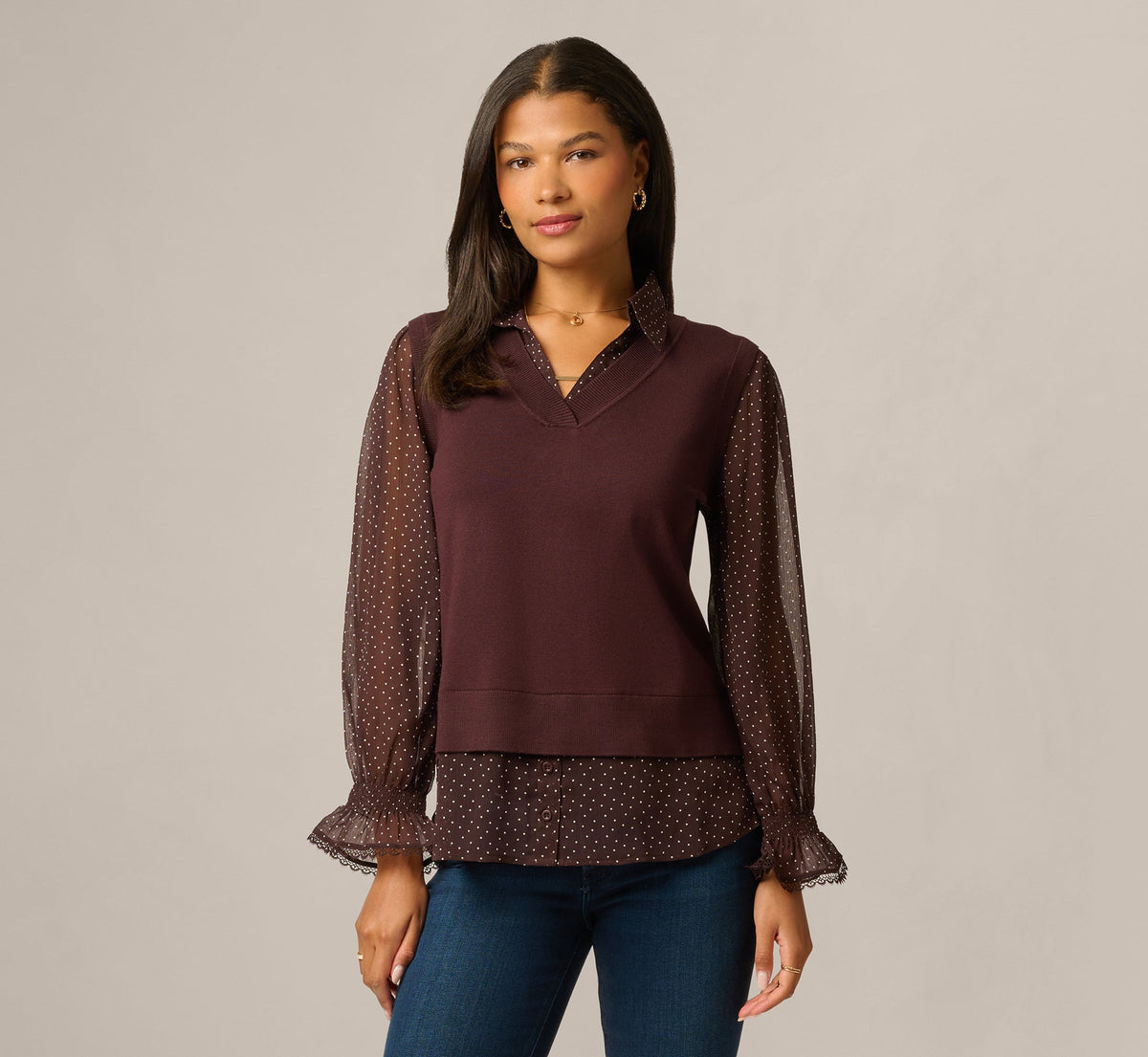 Long Sleeve Ruffle Cuff Sweater Vest Twofer Top - Chocolate W  Chocolate Iv Dot | Adrianna Papell