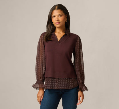 Long Sleeve Ruffle Cuff Sweater Vest Twofer Top - Chocolate W  Chocolate Iv Dot | Adrianna Papell